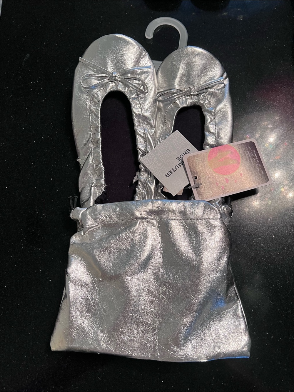 Women’s Silver Ballet Flats with Matching Pouch